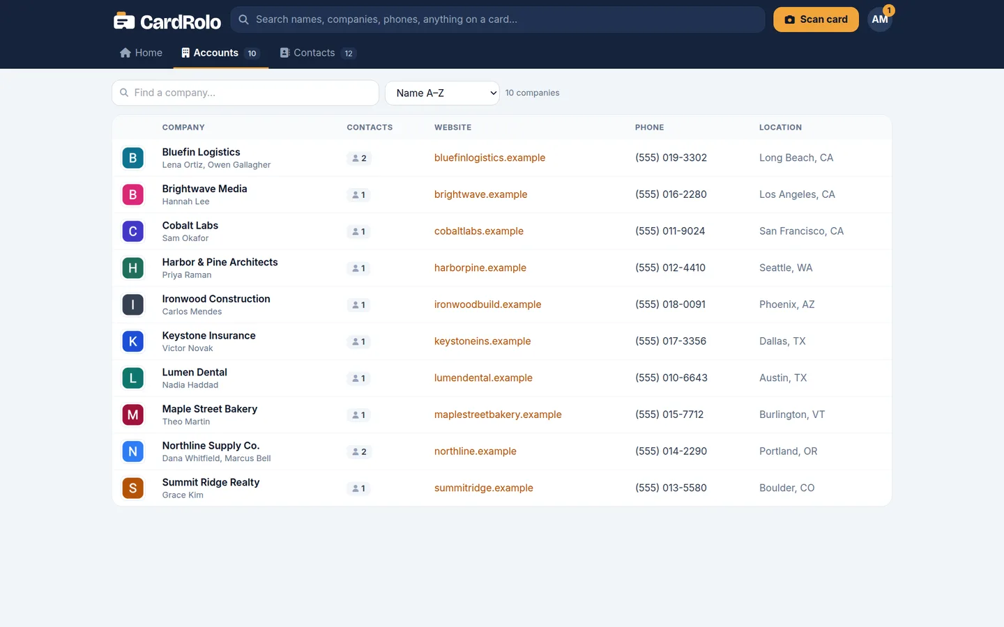 CardRolo accounts page listing companies with logos, contact counts, websites and phone numbers