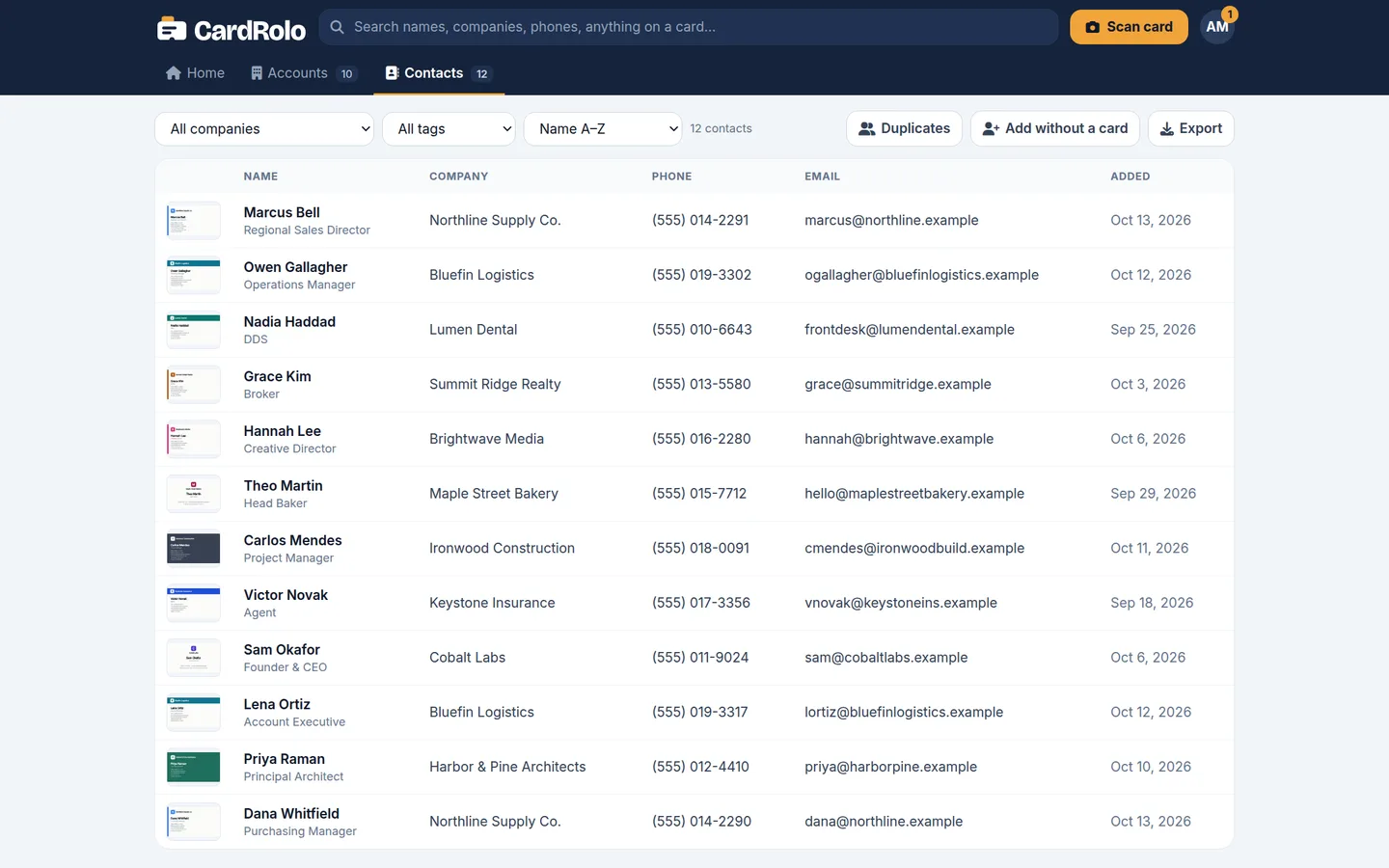 CardRolo contact manager on a computer: a searchable list of contacts with business card thumbnails